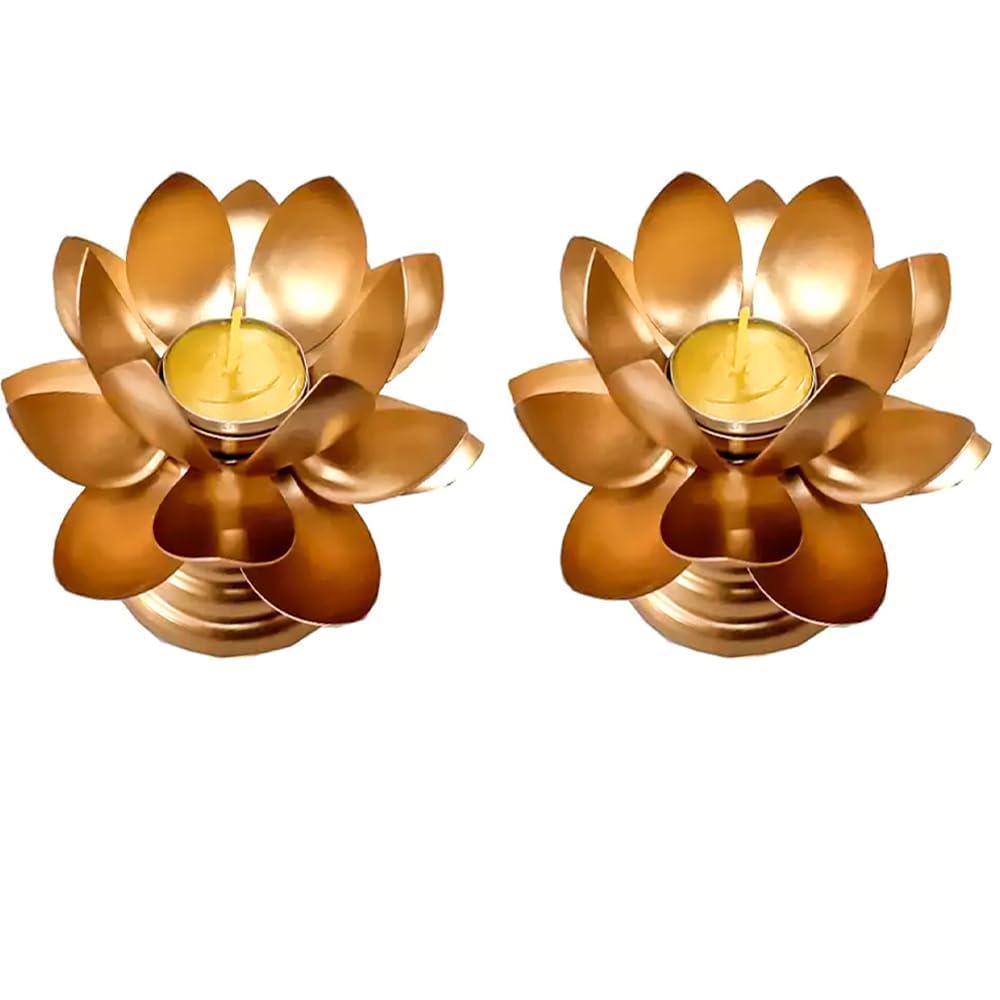 FM Beautiful Lotus Tealight Holder Candle Stand Metal Home Decoration Festival Occasions Diwali Ga (Not Include Candle) (Pack of 2- (Golden) Mini Lotus)