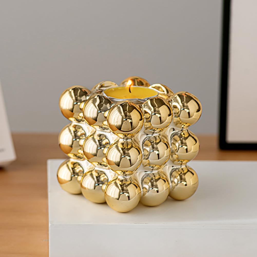 Ceramic Cube Golden Candle Holder Handheld Candlestick Holders Decorative Candle Stand Middle East Arabian Festival Candlestick Dining Table Party Home Decoration Ornament (Gold)