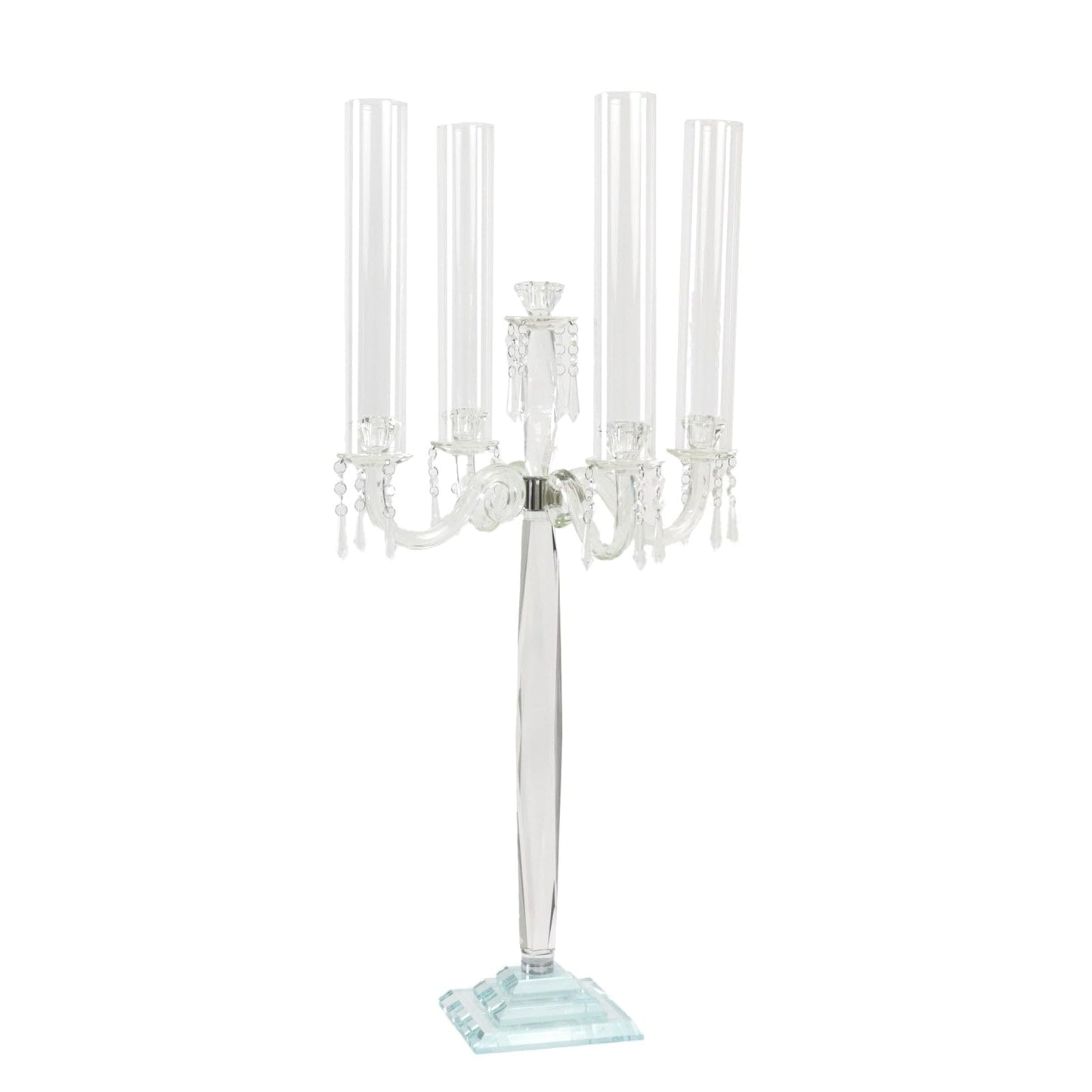 Efavormart Crystal 4-Arm Candelabra Taper Candle Holder with Hurricane Glass Shades – Table Centerpiece with Pedestal Base & Hanging Crystal Accents - 38" Tall