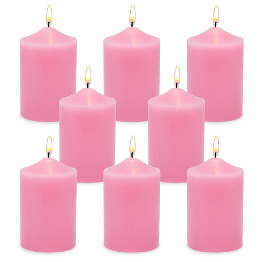 Small Unscented Pink Pillar Candles, 24 Hour 2x3 Inch Dripless Tapered Column Candles for Valentine's Day Home Party Holiday Dinner Table, Set of 8