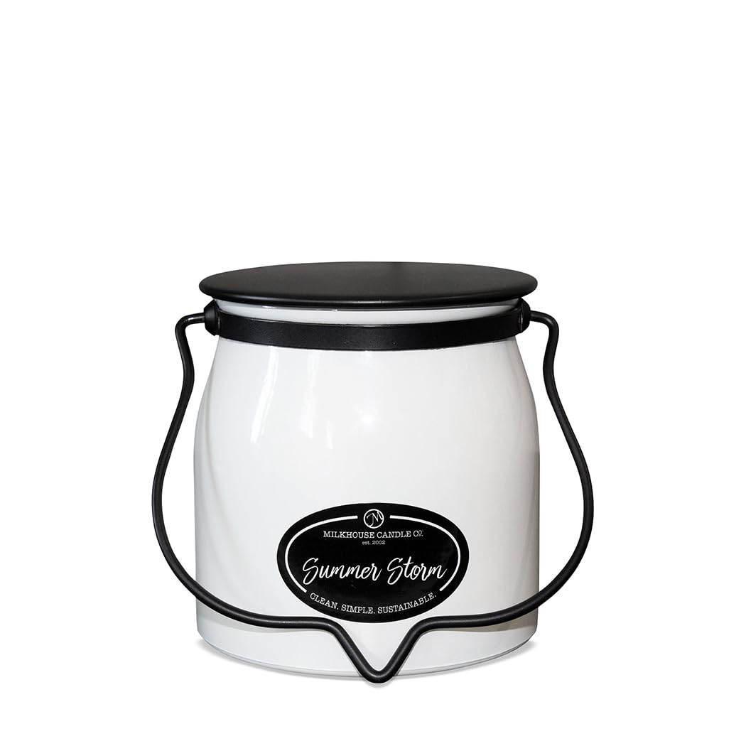 Milkhouse Candle Company Summer Storm Soy Candle - Dewy Greens | Rain-Soaked Woods | Coconut Water Scented - 16 oz Butter Jar with Lid, 65+ Hour Burn Time, Made in the USA