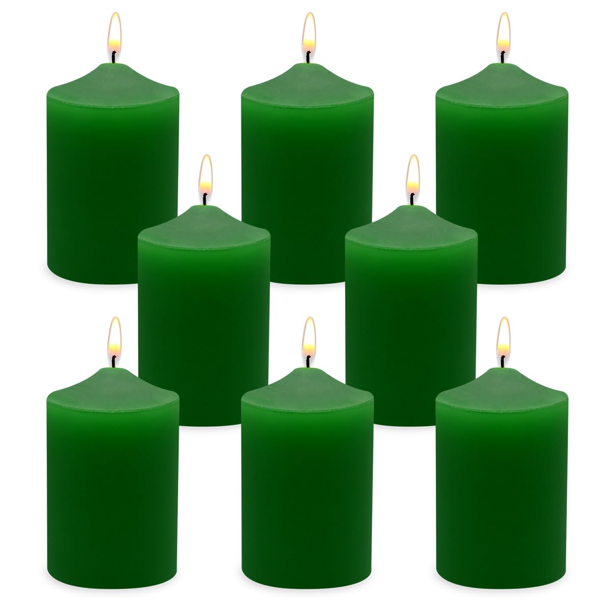 Small Green Pillar Candles, Unscented Dripless 2x3 Inch Tapered Column Candles for St. Patrick's Day, Home, Party, Dinner Table, 24 Hours Burning, Set of 8