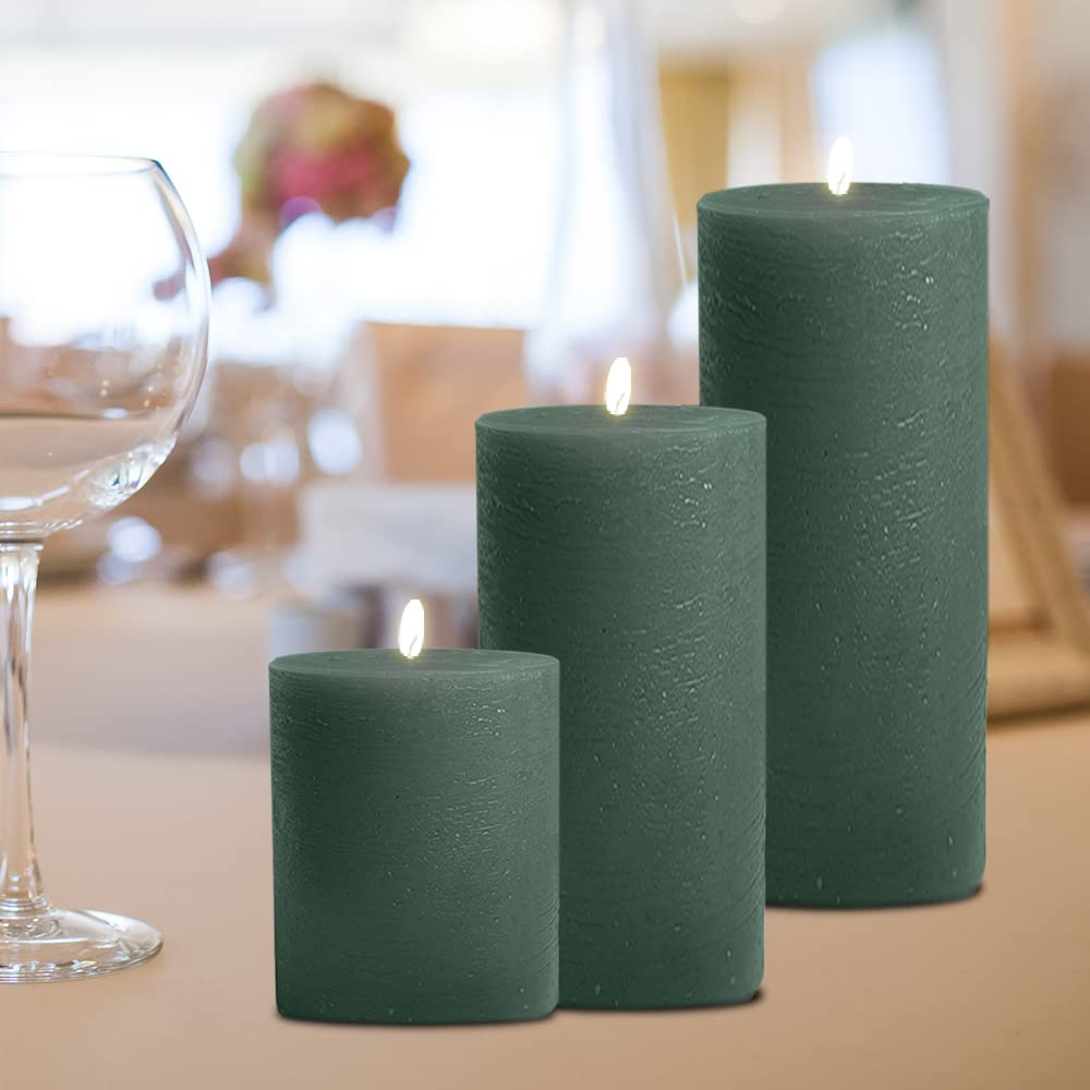 BASK Mottled Dark Green Pillar Candles - Unscented, Dripless, Smokeless Set of 3 for All Occasions