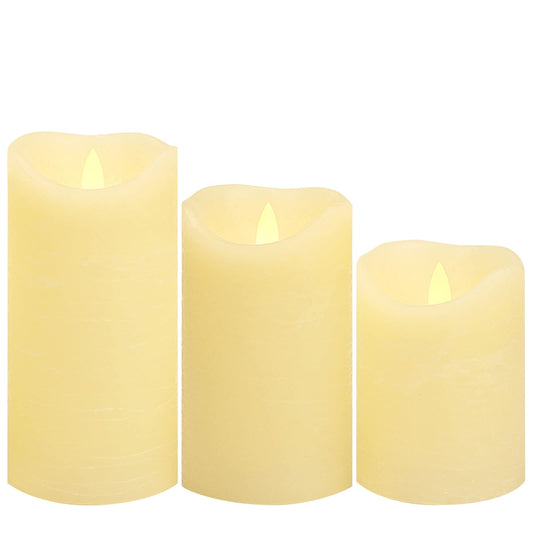 CANDLE CHOICE Battery Operated Flameless Candles with Timer Real Wax Realistic Flickering Electric LED Pillars Automatic Built-in Daily Cycle Timer 6-Hour on 18-Hour Off Set of 3 Rustic Texture Ivory