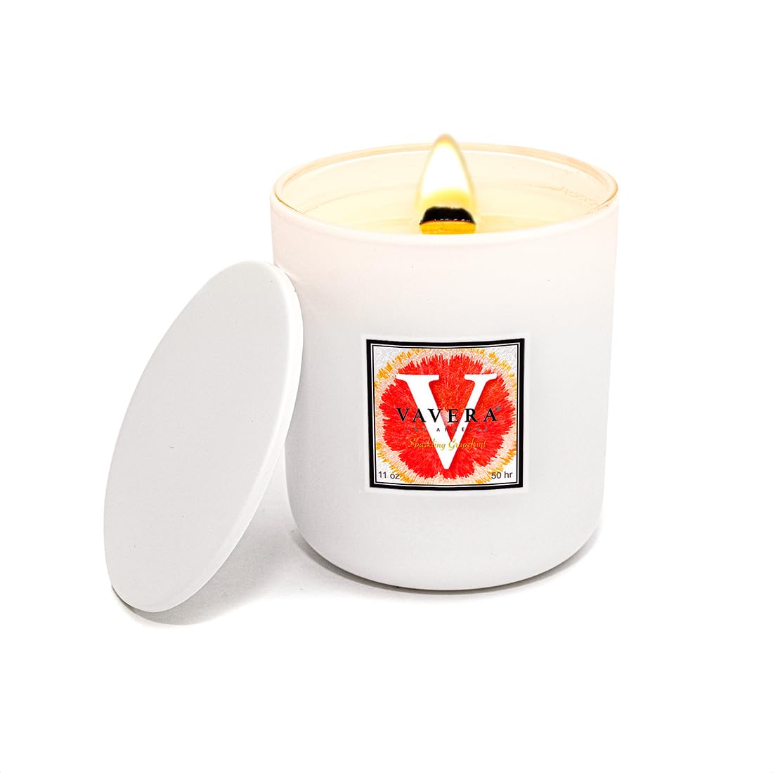 VAVERA Sparkling Grapefruit Wood Wick Candles that Crackle (11oz Matte White Candle w/lid) Juicy Freshness. Crossover Soy Candles for Women or Men! Non Toxic Scented Candles, Hand-Crafted in USA.
