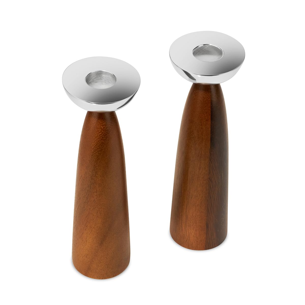 Nambé Sabbath Candlesticks – Modern Alloy & Acacia Wood Candle Holders for Shabbat & Table Décor, 2.5" x 7" – Elegant Judaica Centerpiece for Dining Table, Wedding & Holiday Lighting