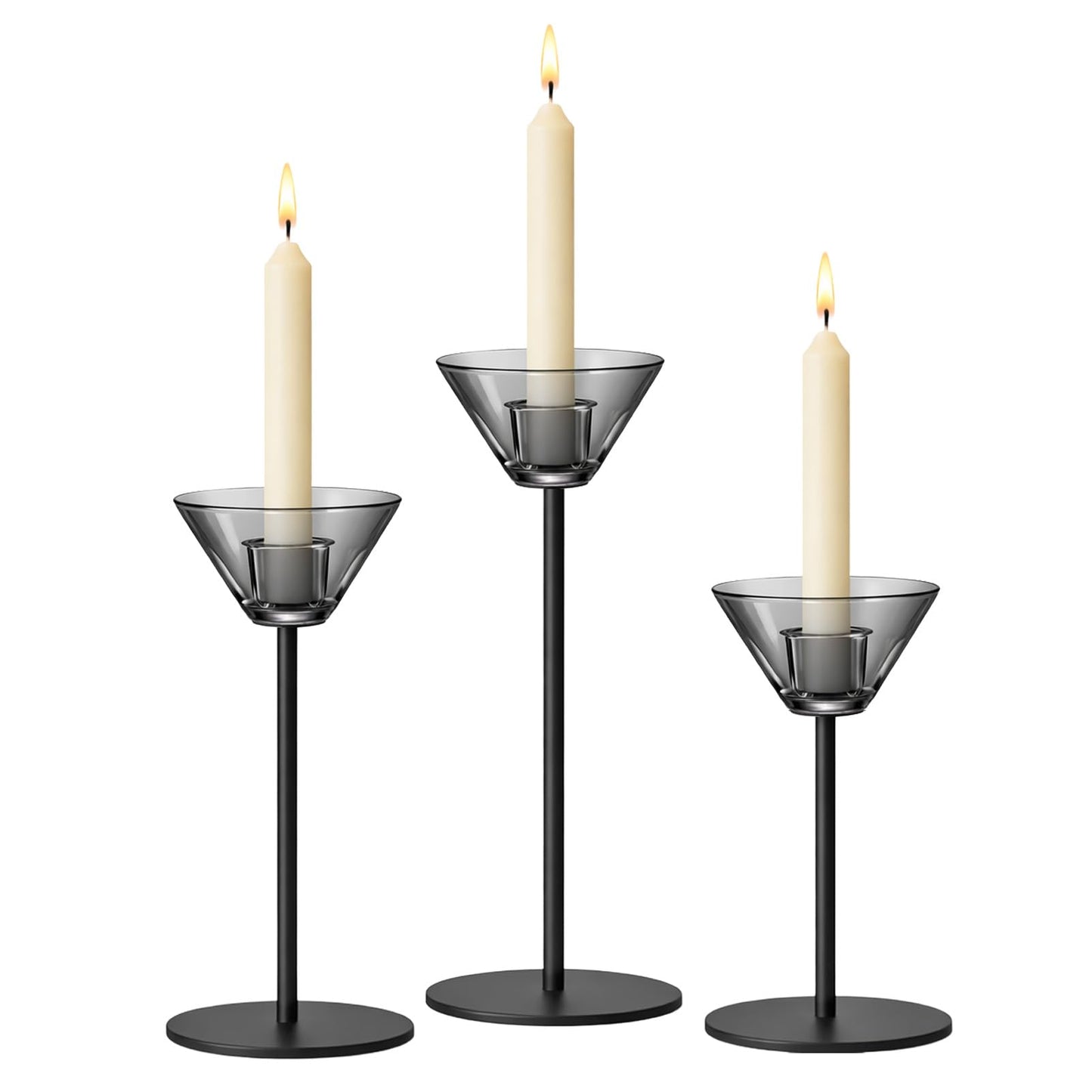 Smytle Smoke‑Gray Candlestick Holders, Set of 3 Smoked Glass Candleholder Sets with Weighted Metal Base, Modern Minimalist Taper Candle Holders for Fireplace Mantel and Table Decor