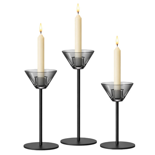Smytle Smoke‑Gray Candlestick Holders, Set of 3 Smoked Glass Candleholder Sets with Weighted Metal Base, Modern Minimalist Taper Candle Holders for Fireplace Mantel and Table Decor
