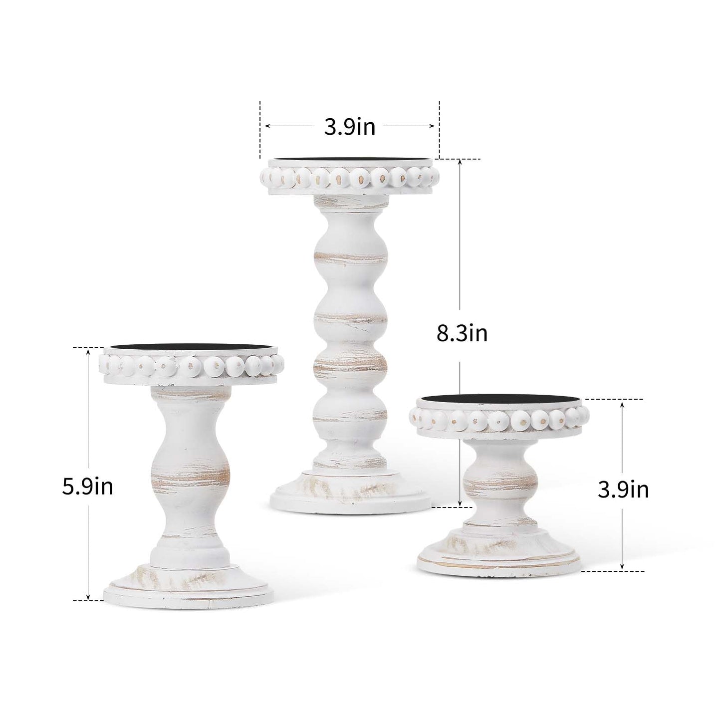 Mumufy 3 Pcs Candle Holders for Pillar Candles Rustic Farmhouse Home Decor Decorative Washed Beaded White Black Wood Candle Holder Country Style for Table Mantel Fireplace Wedding (White,Small)