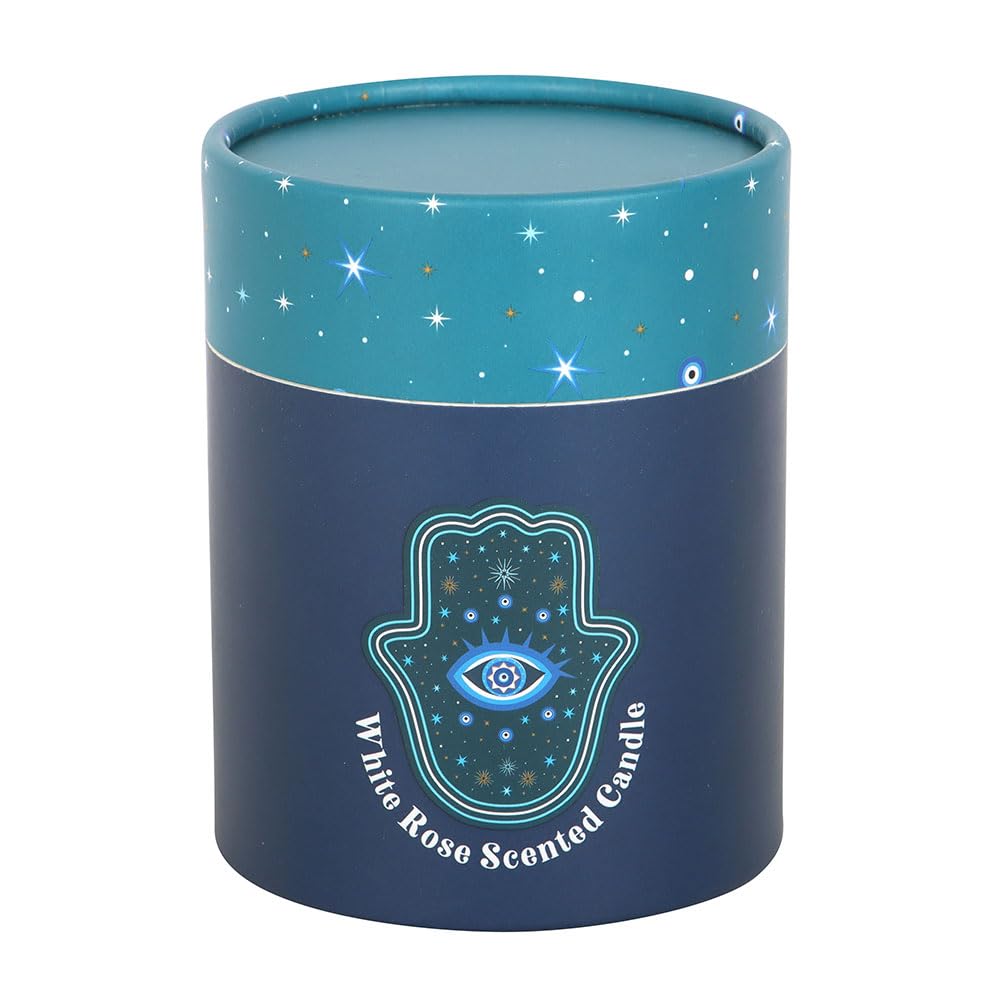 Hamsa White Rose Crystal Candle | 48 Hour Burn | Protective Spiritual Decor | Mystical Gift | Star Accent Glass Jar