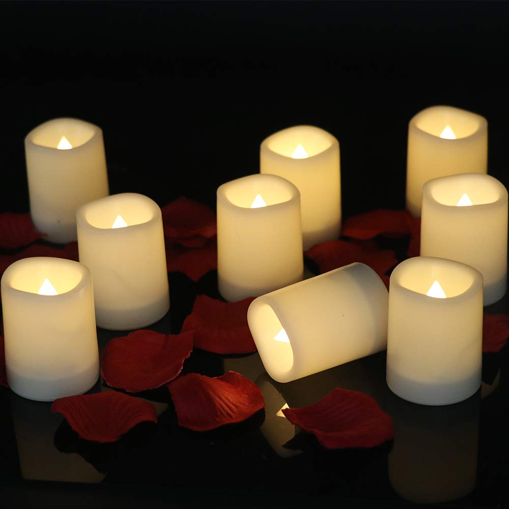 DRomance Outdoor Waterproof Flameless Votive Candles with Timer, Battery Operated LED Tealight Flickering Candles Warm Light Set of 12 Wedding Party Decor Plastic Candle(1.5 x 2 Inches)