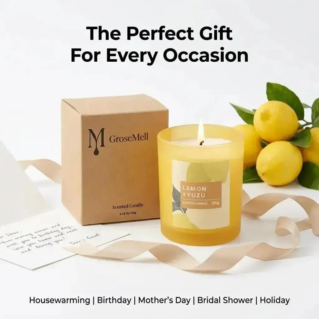 GroseMell Lemon Scented Candle – 4.76 oz (135g) Natural Soy Wax, 30-Hour Clean Burn, Elegant Glass Jar, Home Fragrance & Thoughtful Gift for Home (Lemon)