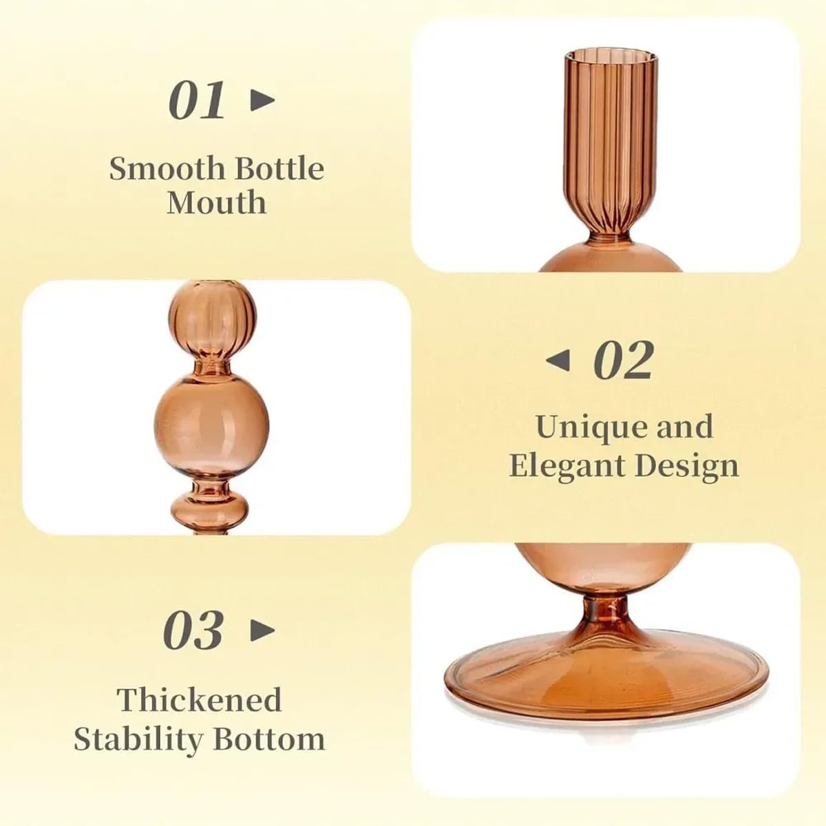 Mineaud 3Pcs Glass Candlestick Holders Glass Taper Candle Holders Groovy Wavy Elegant Candle Stick for Home Party Decoration,Brown