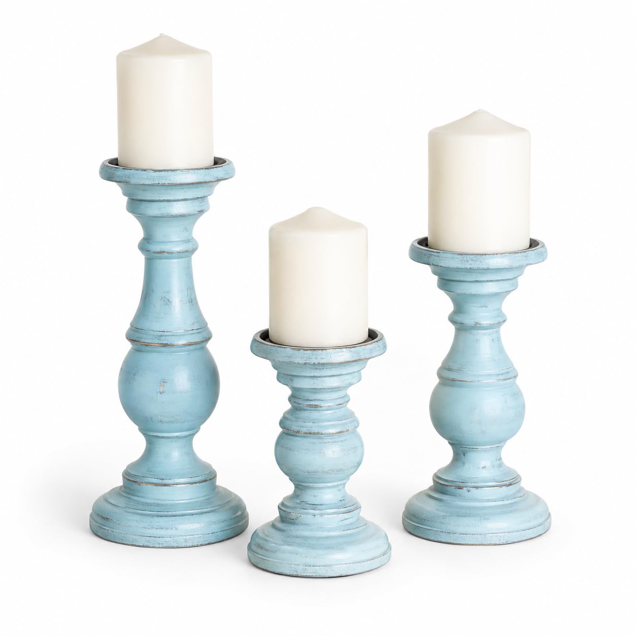 Decorative Light Blue Wood Turned Style Pillar Candle Holder with Distressed Finish, Set of 3 6", 8", 10" H, Light Blue