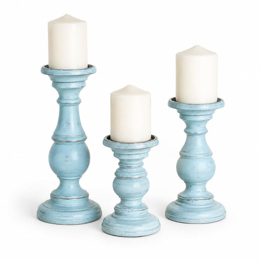 Decorative Light Blue Wood Turned Style Pillar Candle Holder with Distressed Finish, Set of 3 6", 8", 10" H, Light Blue