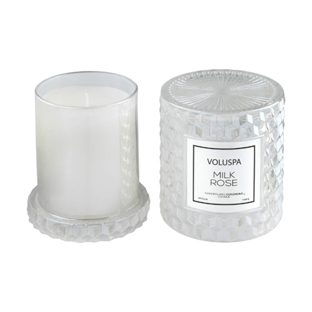 Voluspa Milk Rose, Cloche Textured Glass Candle, 8.5 Ounce, 55 Hour Burn Time, Coconut Wax for Clean Burning, Handcrafted in the USA