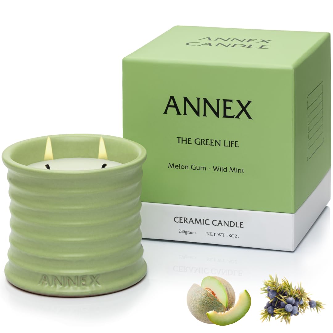 Annex Melon & Juniper Luxury Scented Candle - 8oz Handmade Green Ceramic Jar Candle - 50hr Clean Burn, 100% Non-Toxic Soy Wax, Aesthetic Home Decor Winter Gift for Men Women - Botanical Crisp Scent