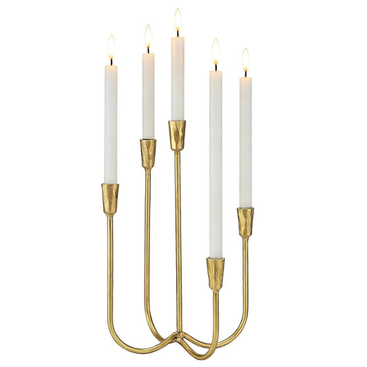 Elegant Gold 5-Candle Candelabra, 16.93 Inch Tall Cast Iron, American Vintage Taper Candle Holder with Antique Finish, Perfect Centerpiece for Dining, Living Room & Fireplace Decor