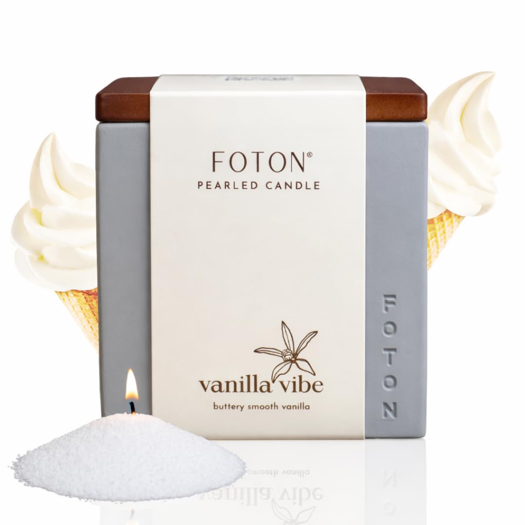 Foton Pearled Candle Le Cube Concrete Vase Set 16 Oz - Vanilla Vibe Scented - Refillable Jar Scented Candle Sand with 15 Wicks - Natural Non-Toxic Decorative Candles for Home