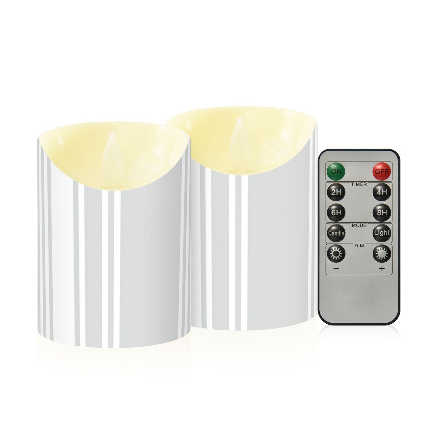 Gravopti Grey Stripe 2 Pack Flameless LED Pillar Candles with Remote & Timer, Battery Operated, Flickering Wax Candle for Wedding, Romantic Home & Party Decor