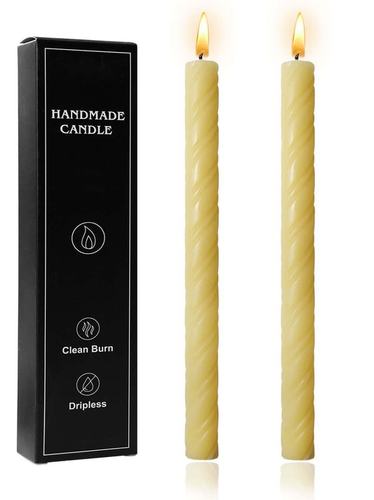 10in Spiral Taper Candles Set of 2 Pack Striped Tapered Candle,Decorative Threaded Candle for Dinner Party Wedding,Kitchen Decors,Christmas,Halloween (2, Roman Column Light Yellow, 10in)
