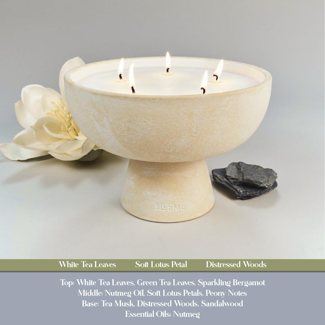 Blueme Balance Candle | White Lotus & Tea | 5 Wick - Refillable Wellness Candle with Essential Oils, Hand Finished & Poured Soy Wax Blend Ceramic Vessel, Natural Cotton Wicks | Giant 45 oz