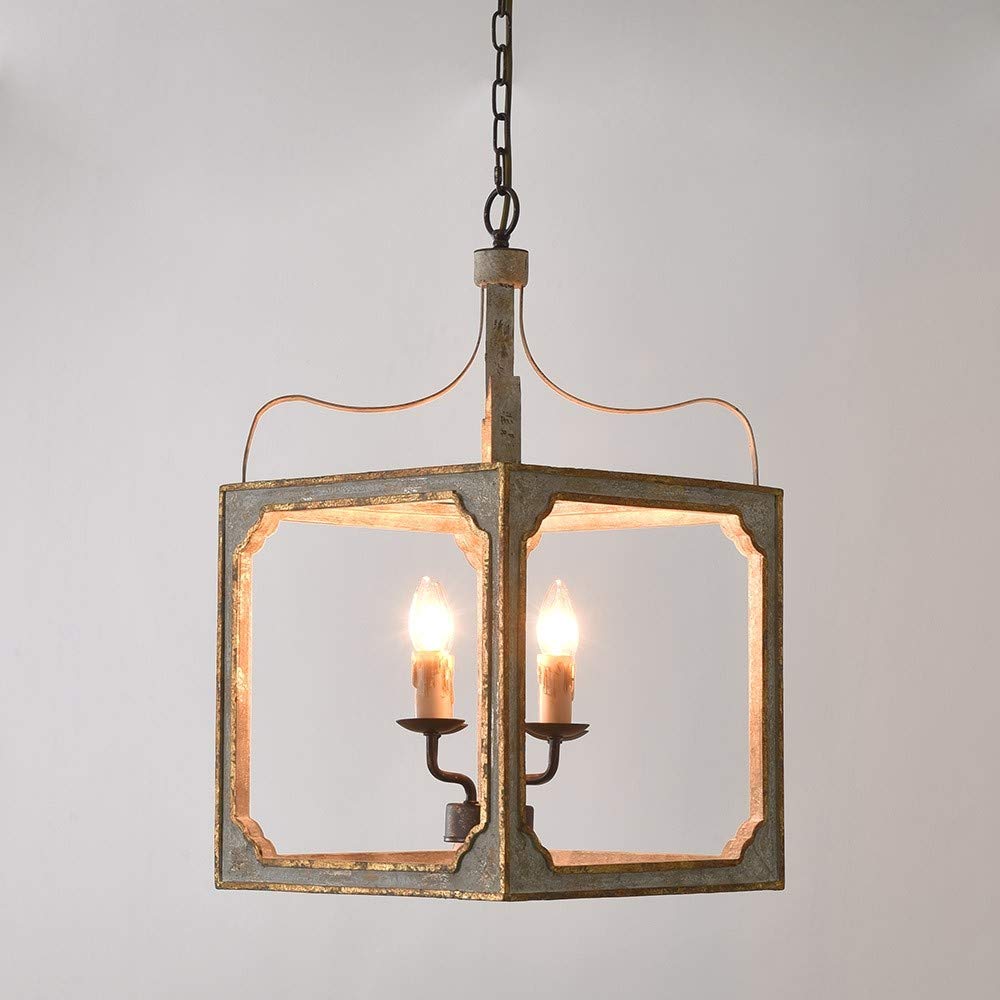 LOVEDIMA French Country Chandelier 4-Light Lantern Pendant Lighting Square Wood Metal Chandeliers Hanging Light Ceiling Light Fixtures in Antique Gray & Antique Gold