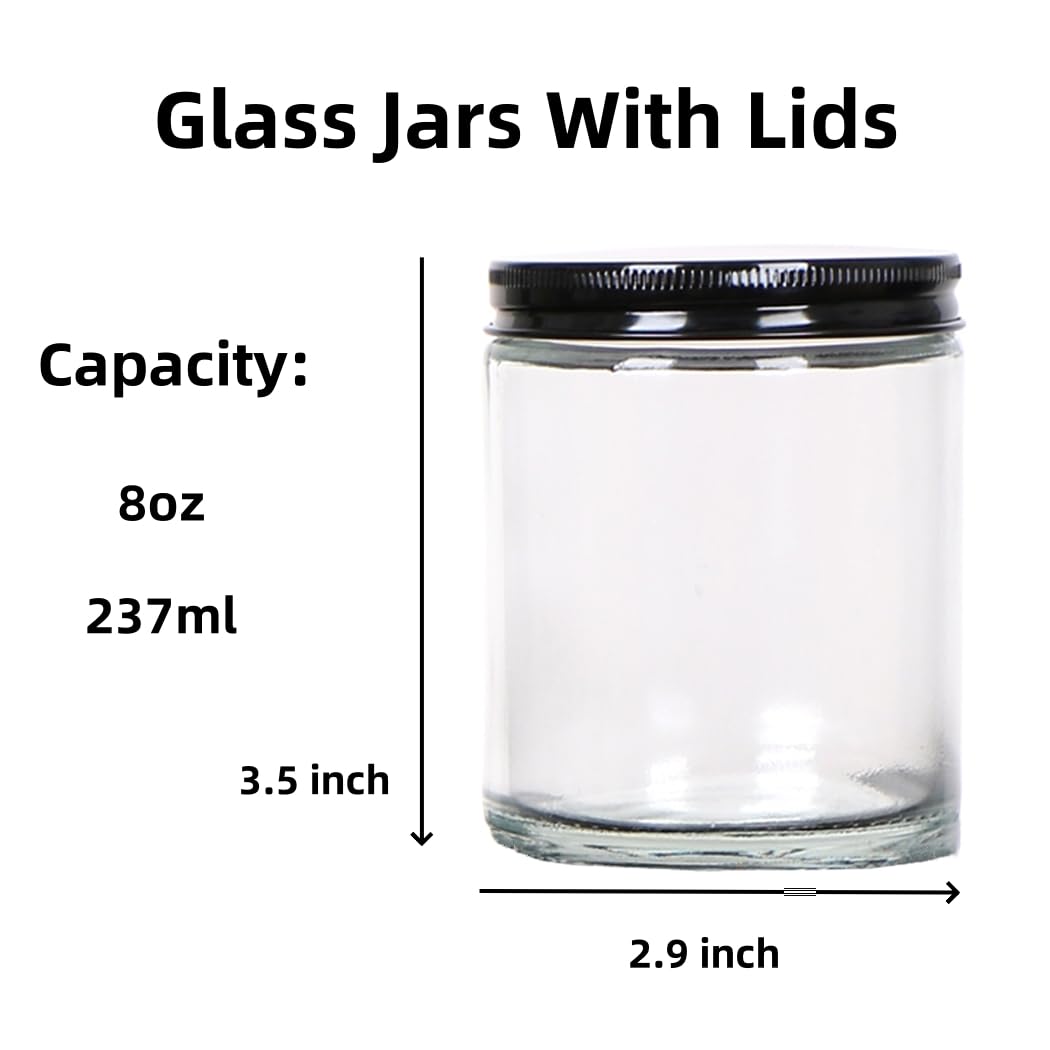 KIGITIK 6 pack 8oz Glass Jars and Plastic & Metal Lids, Refillable Thick Glass Jars For Candle, Storage, Spice, Liquid, Powder. (8oz Clear)