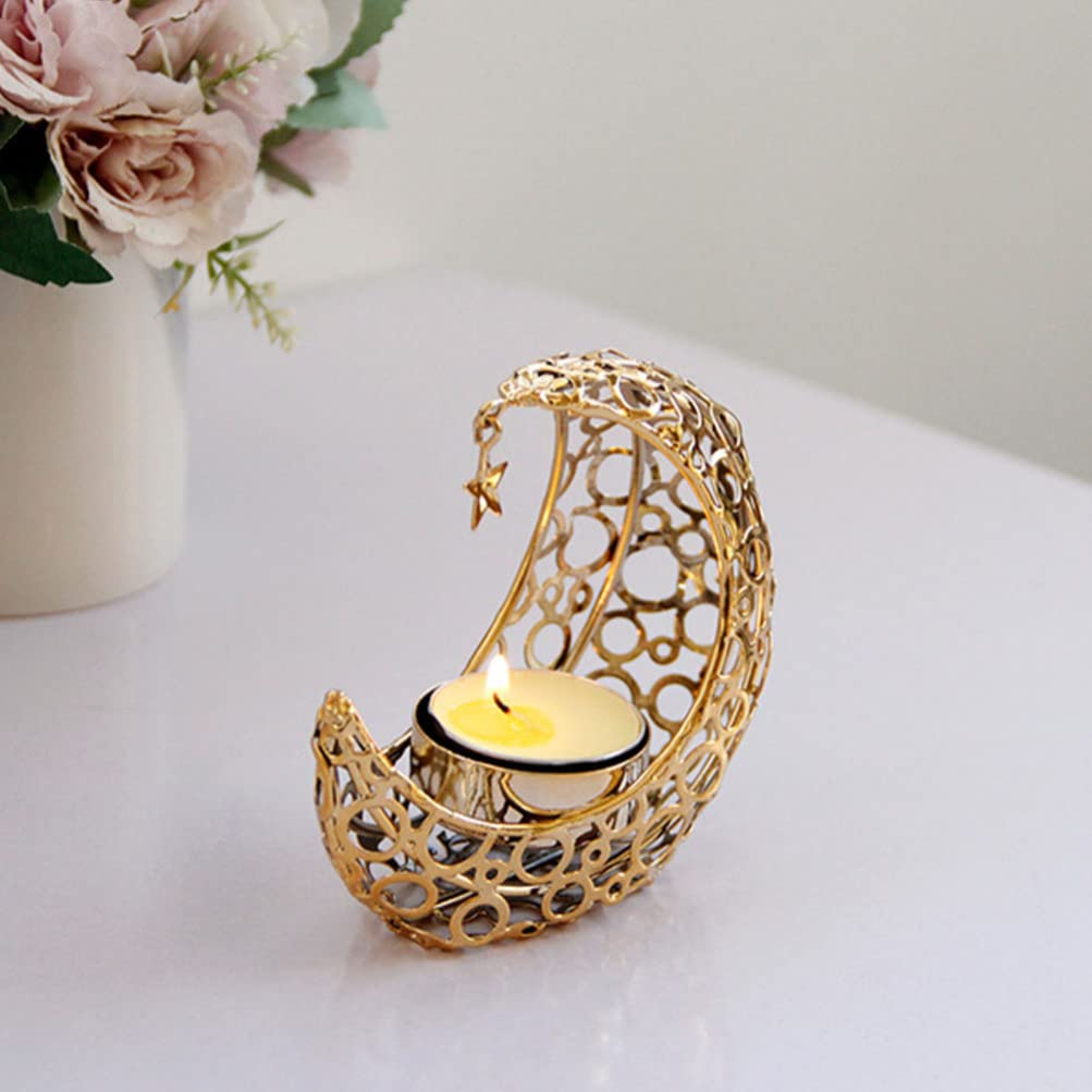 Uonlytech Moon Candle Holder Metal Hollow Crescent Tea Light Stand 4.13In Desktop Decor for Home Bar Restaurant Creating Warm Romantic Atmosphere