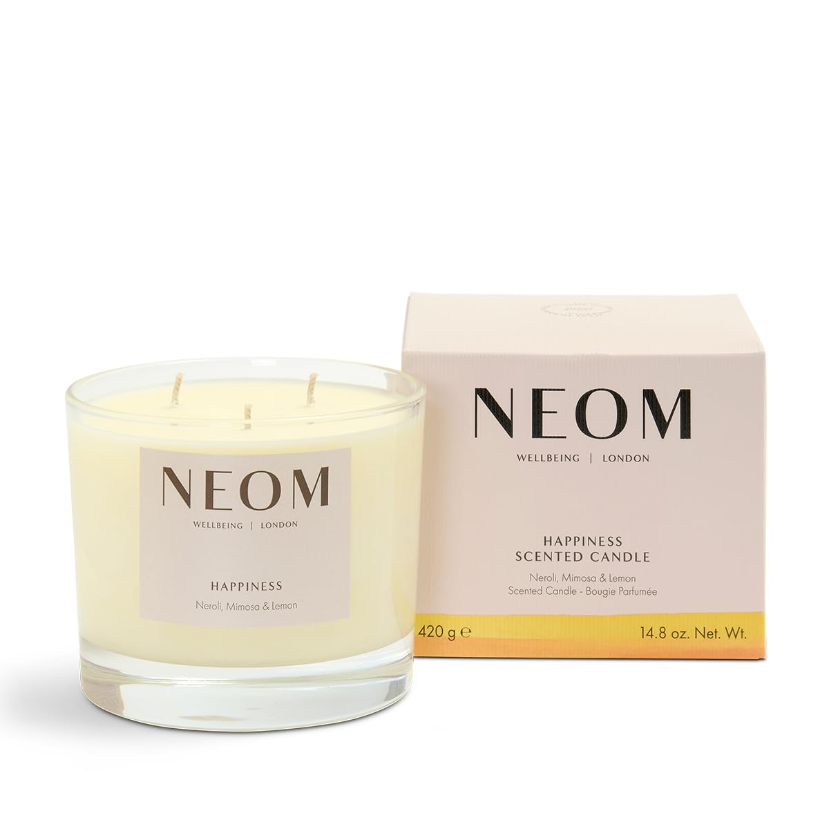 NEOM- Happiness Scented Candle, 3 Wick | Essential Oil Aromatherapy Candle | Neroli, Mimosa & Lemon | Scent to Make You Happy