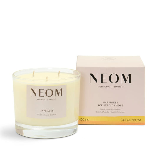 NEOM- Happiness Scented Candle, 3 Wick | Essential Oil Aromatherapy Candle | Neroli, Mimosa & Lemon | Scent to Make You Happy