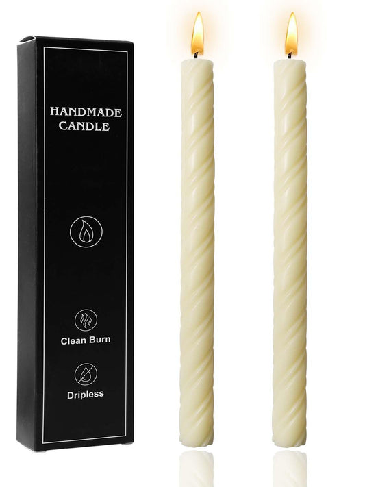 10in Spiral Taper Candles Set of 2 Pack Striped Tapered Candle, Decorative Threaded Candle for Dinner Party Wedding, Kitchen Decors, Christmas, Halloween (Roman Column White, 10in)