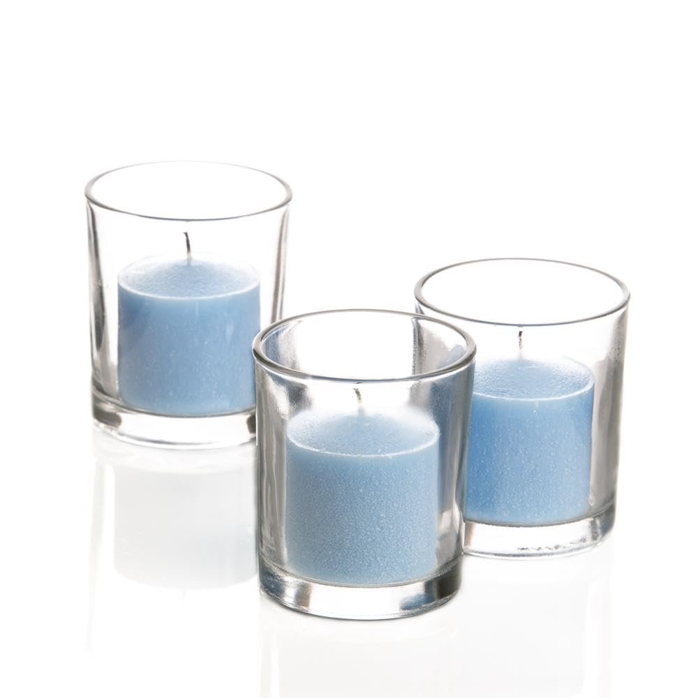 Set of 12 Richland Votive Candles Light Blue Unscented and 12 Clear Glass Eastland Votive Holders