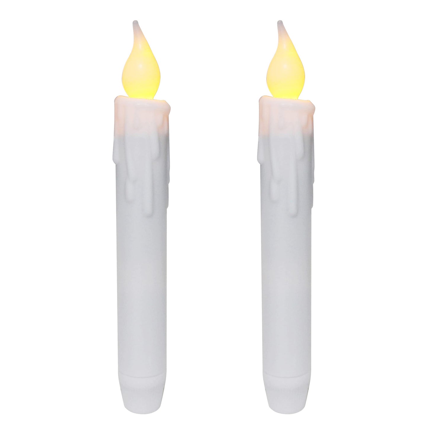 CVHOMEDECO. Flickering Taper Candles LED Drip Flameless Candles, Battery Operated with Timer, White, 6-3/4 Inch, Set of 2