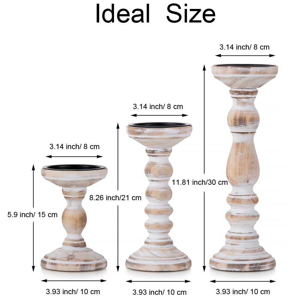 Wood Candle Holders for Pillar Candles - Tall Rustic Candle Holder (Set of 3), Large Farmhouse Candle Holders Candle Stand, Pillar Candle Holder Set for Table Centerpiece, Fireplace, Home, White
