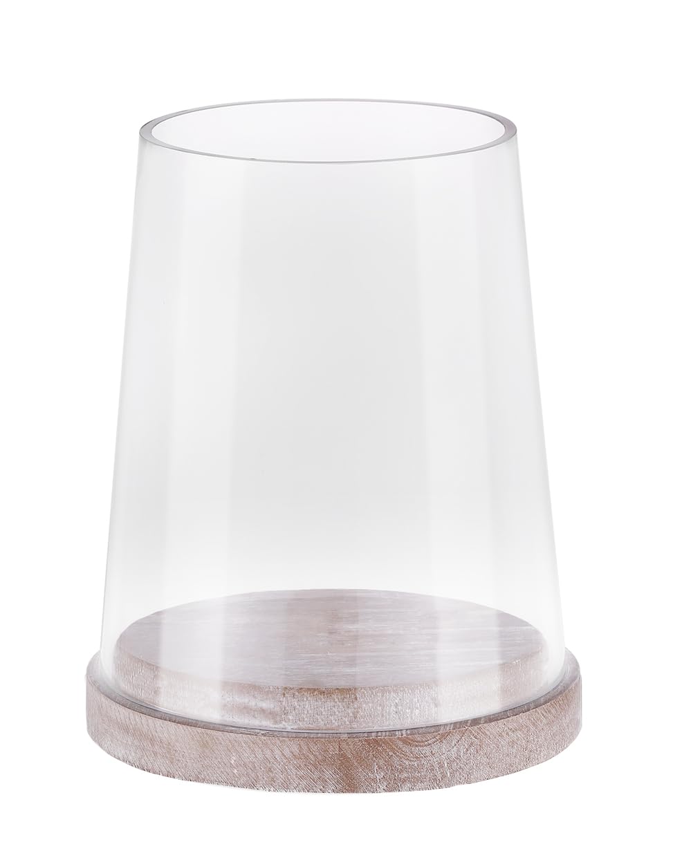 8" Wide Glass Hurricane Candle Holders with Handmade Sturdy Glass Sleeves and Distressed Brown Wood Base for Pillar Candle & Plants, Industrial, Farmhouse, Display Cloche Bell Jars, Table Centerpiece