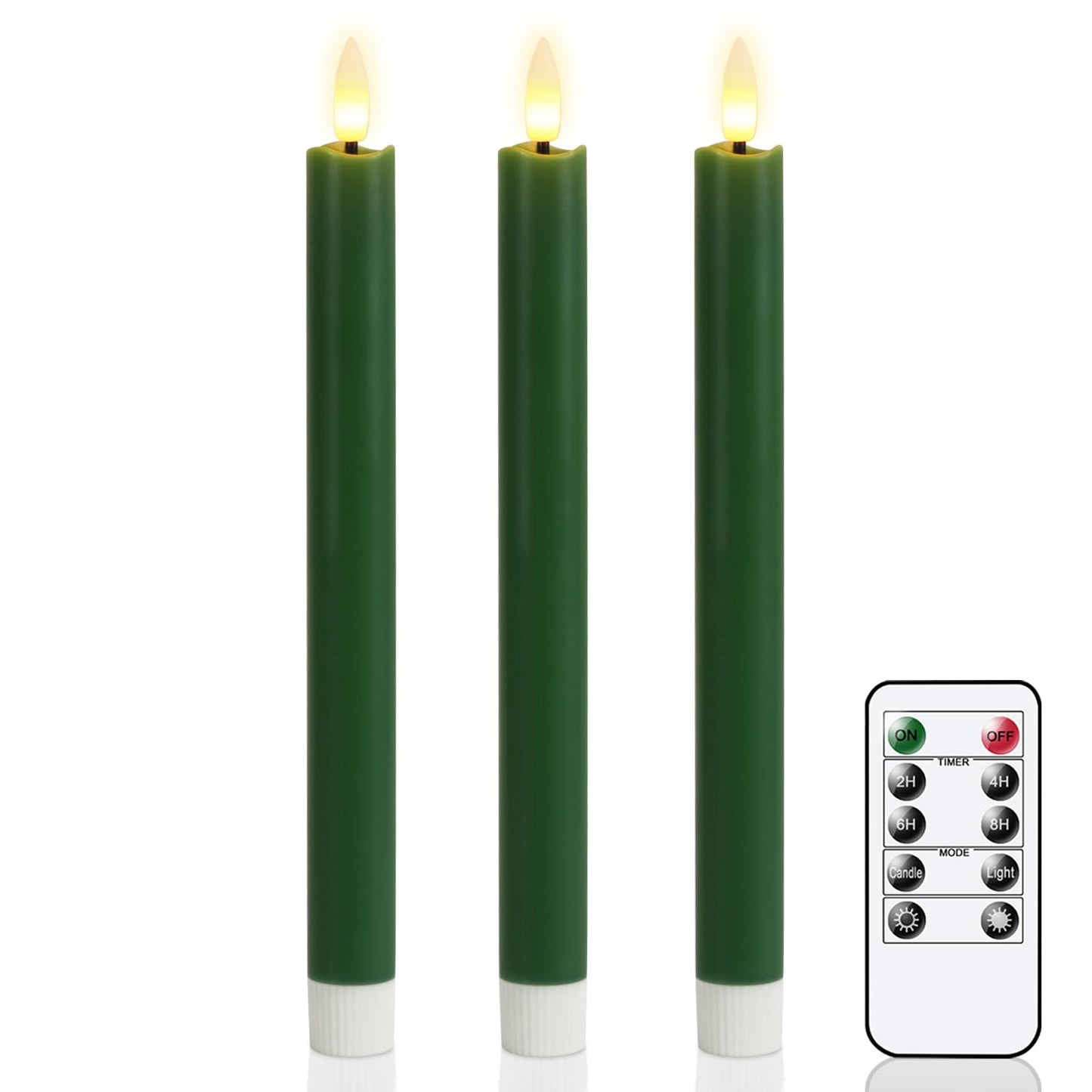 GenSwin FlamelessTaper Candles Flickering with 10-Key Remote, Battery Operated Led Warm 3D Wick Light Window Candles Real Wax Pack of 3, Christmas Home Wedding Decor(Green, 0.78 X 9.64 Inch)