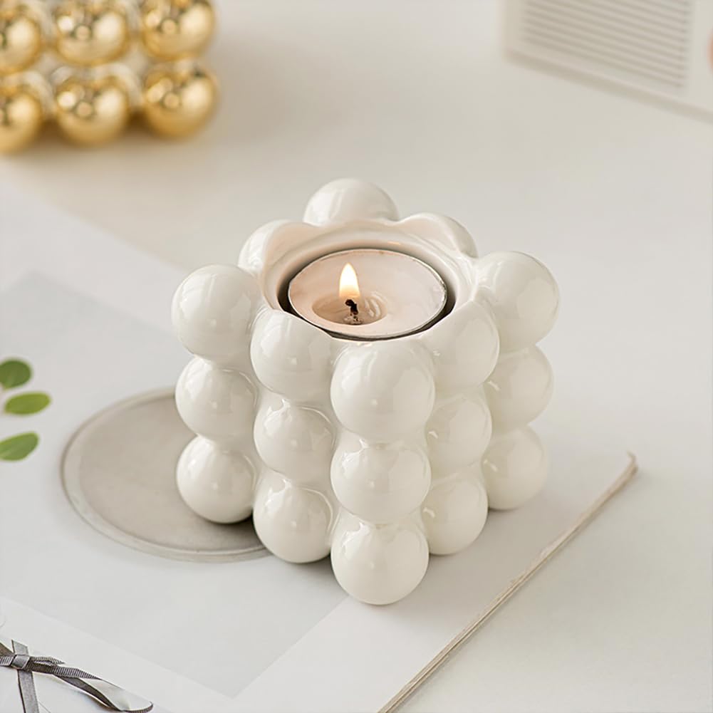 Ceramic Cube Golden Candle Holder Handheld Candlestick Holders Decorative Candle Stand Middle East Arabian Festival Candlestick Dining Table Party Home Decoration Ornament (White)