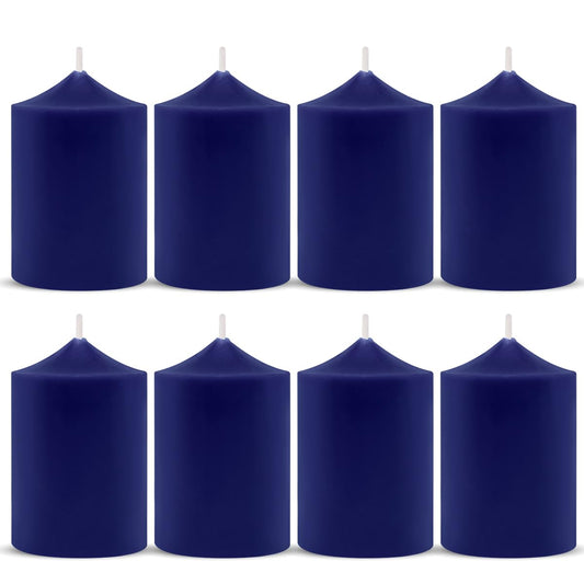Set of 8 2x3 Inch Unscented Navy Blue Pillar Candles, Small Solid Colored Cylinder Candles for Home Emergency Power Outage - 24 Hour Burning