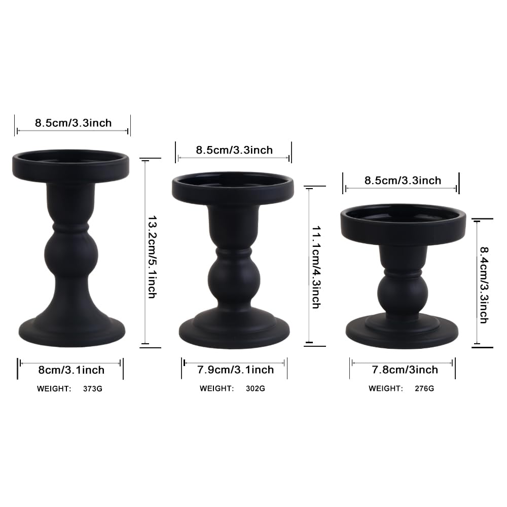 BTGLLAS 3-Piece Set of Black Glass Candlestick, Crystal Candlestick Holder Holder and Conical Candle, Christmas Candle Holder Decoration, Family Living Room Wedding Candle Holder (black1set)