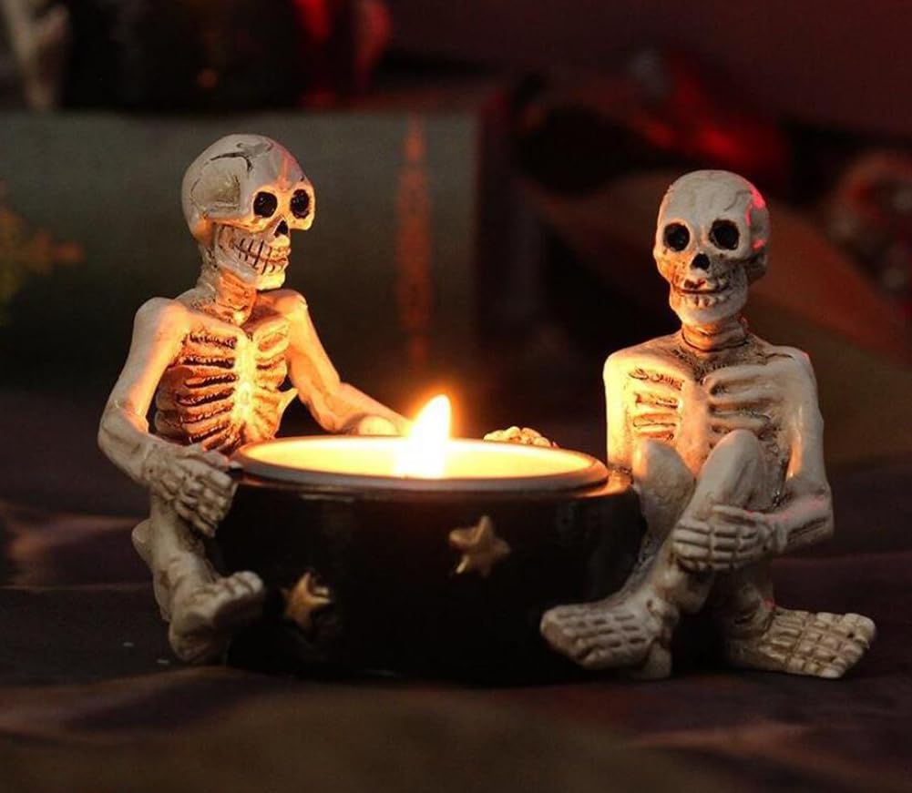 Halloween Skull Tealight Holder Skeleton Skull Gothic Decor Candle Holder Resin Ghost Decor Votive Tea Light Holder for Table Centerpiece Fireplace Party Decorations