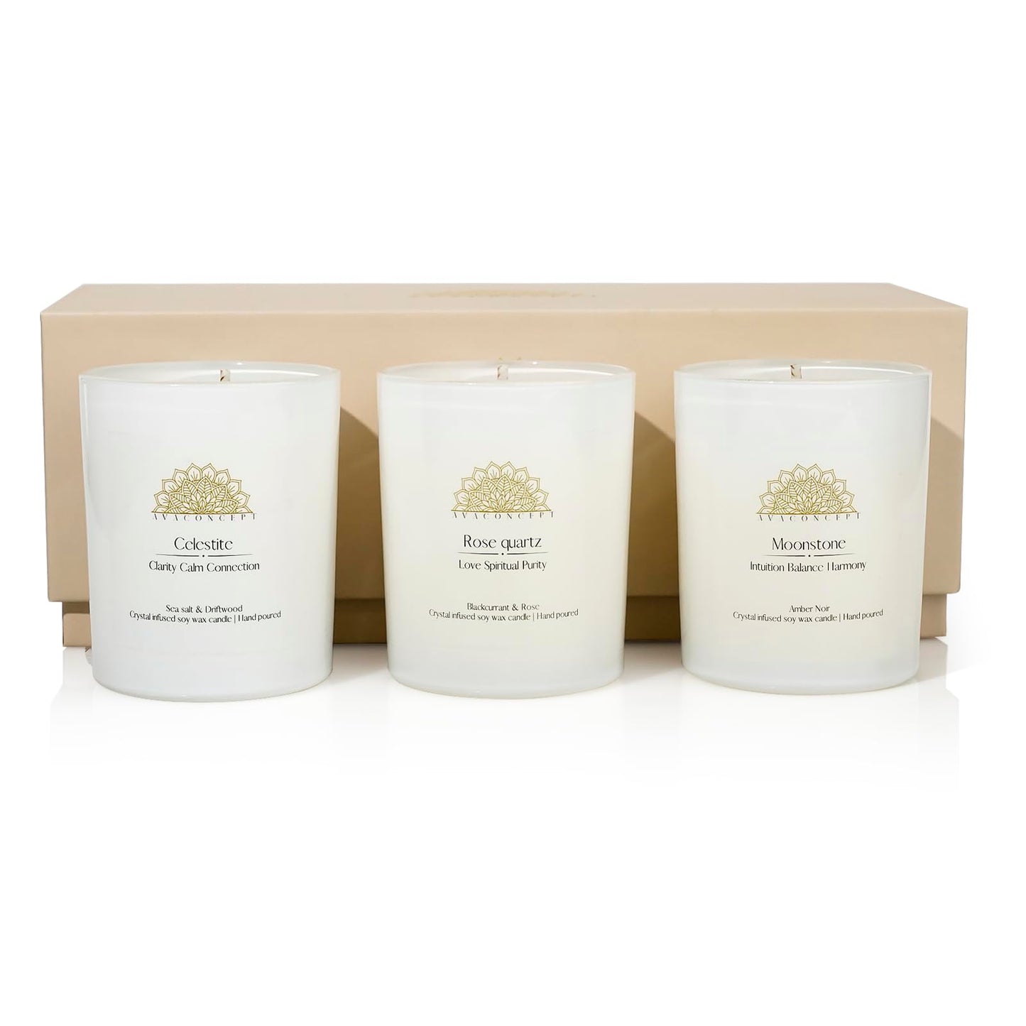 AvaConcept Healing Crystal Candle Gift Set – Set of 3 Celestite, Rose Quartz & Moonstone Hand-Poured Soy Wax Sea Salt Driftwood, Blackcurrant Rose & Amber Noir Aromatherapy Scents Premium Gift Box