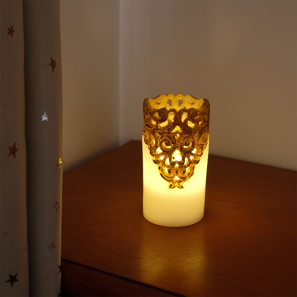 DRomance Hollow Gold Flameless Flickering Candles with 5H Timer, Battery Operated LED Pillar Candles Unscented Wax Warm Light Christmas Home Decoration(Set of 2, 3 x 6 Inches)