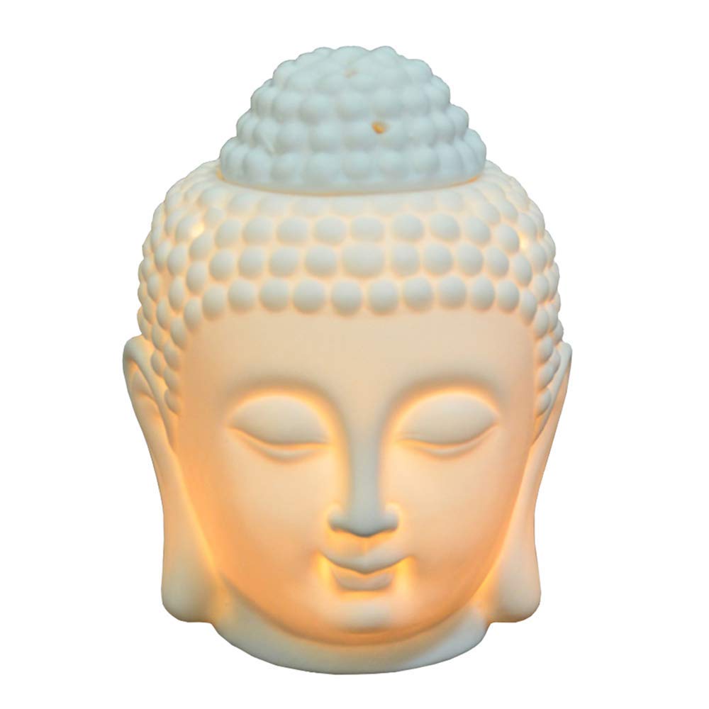Tvoip 1PCS Ceramic Buddha Head Essential Oil Burner with Candle Spoon, Aromatherapy Wax Melt Burners Oil Diffuser Tealight Candle Holders Buddha Ornament for Yoga Spa Home Bedroom Decor Gift (White)