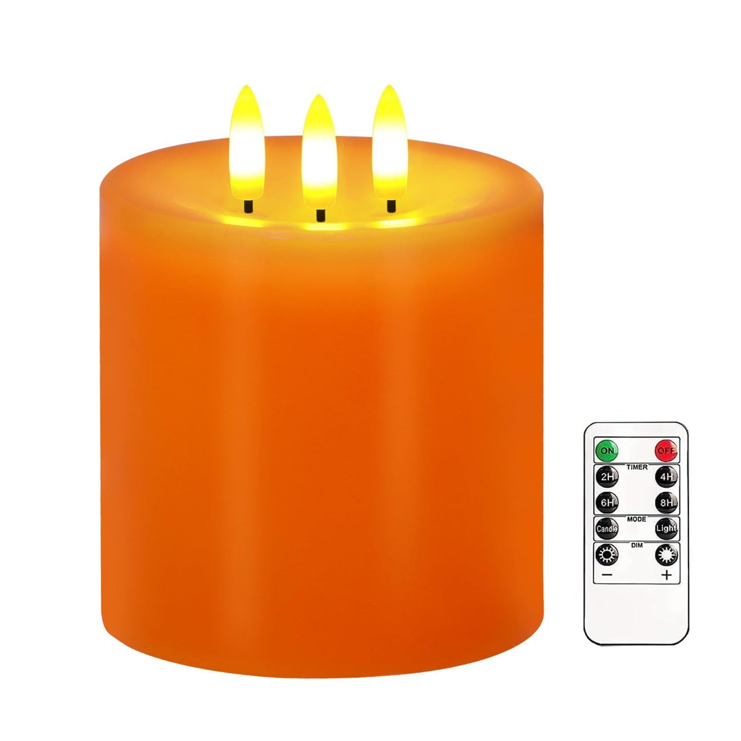 Large 3 Wick Flameless Candles, 4"x4" Flickering LED Candles with Remote & Timer, Dimmable Real Wax Pillar Candles Battery Operated, Orange Candles for Fall Thanksgiving Halloween Decor (Orange)