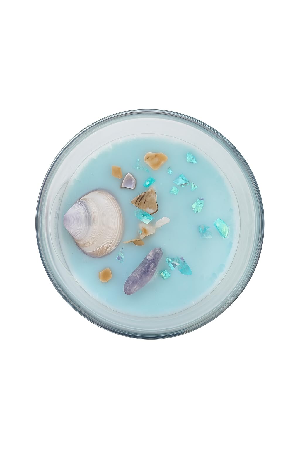 Desire to Spark Ocean Breeze Soy Candle, Handmade Glass Jar with Seashell and Crystal Decor, Blue, 7oz, Beach Theme Scented