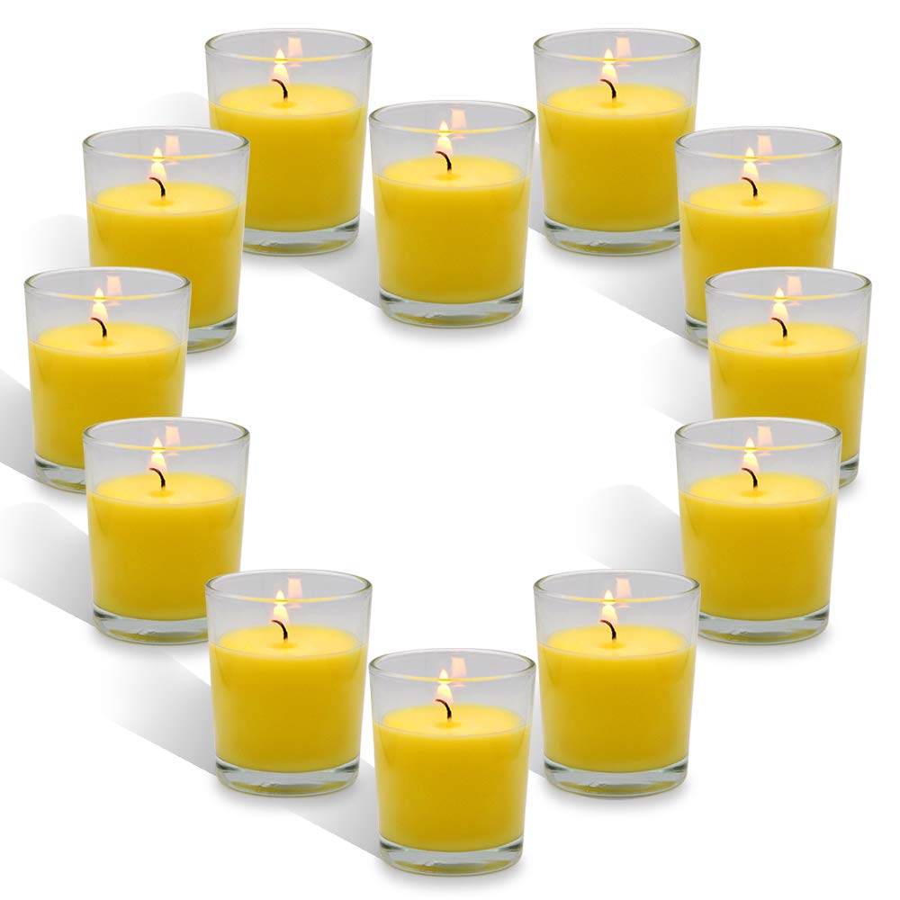 Yellow Votive Candles in Glass Small Citronella Candles Outdoor Bulk Soy Wax Candles for Party, Wedding, 12 Packs
