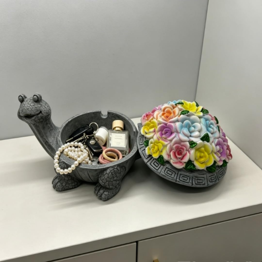 Resin Turtle Decorative Trinket Tray with Lid, 3.5x4.3x5.31 Inch Floral Succulent Style, Easy-Clean Storage Ornament for Aromatherapy Candle, Incense, Home Office Bar Garden