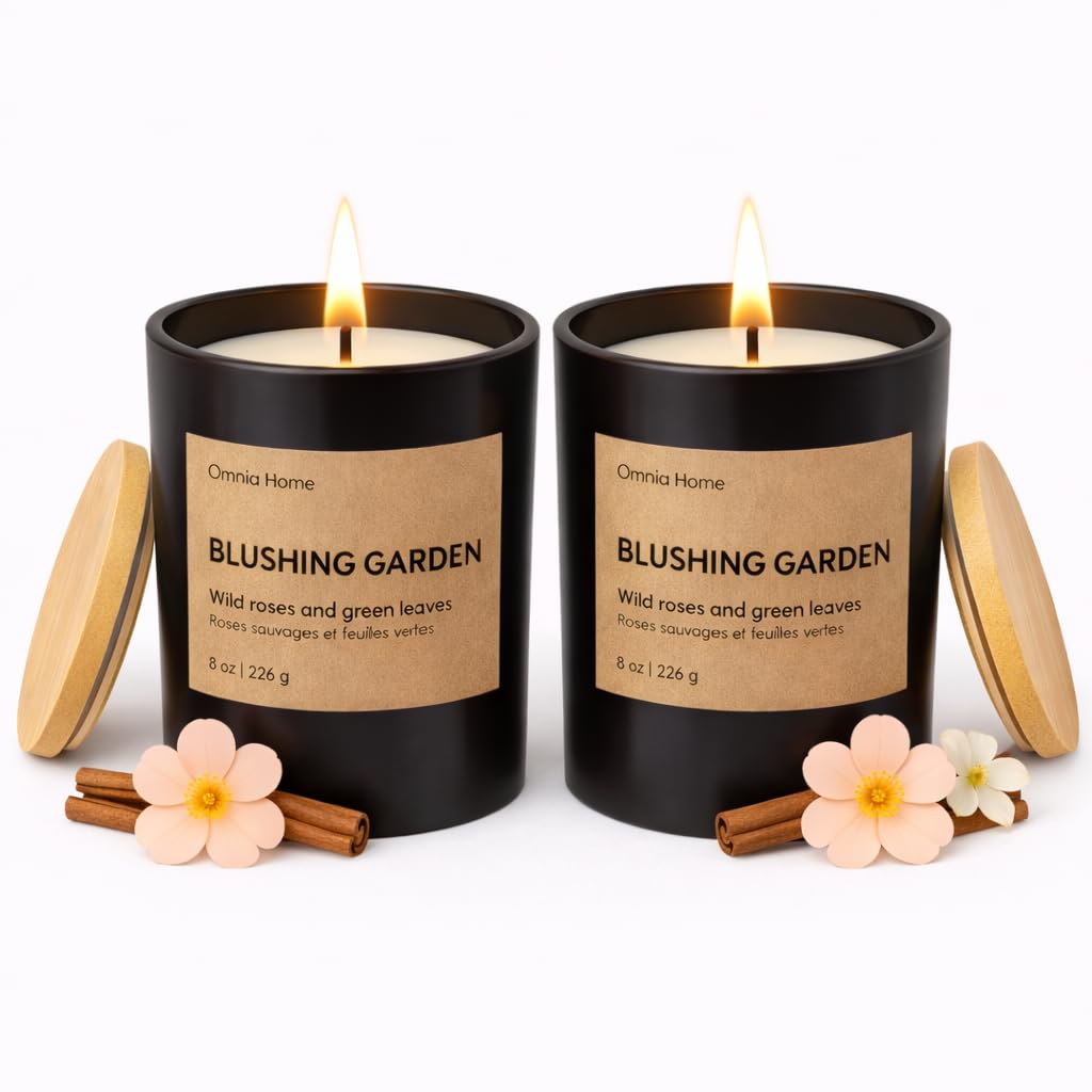 OMNIA HOME Scented Soy Wax Candle Set 2 Pack – Floral Candles for Home Scented with Notes of Rose, Magnolia & Soft Cedarwood – Refined Home Decor & Gift (Blushing Garden, Black, 2 Pack)