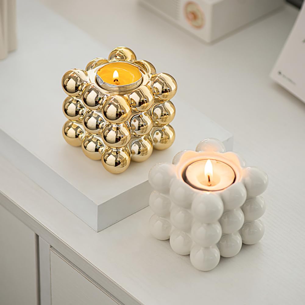 Ceramic Cube Golden Candle Holder Handheld Candlestick Holders Decorative Candle Stand Middle East Arabian Festival Candlestick Dining Table Party Home Decoration Ornament (White)
